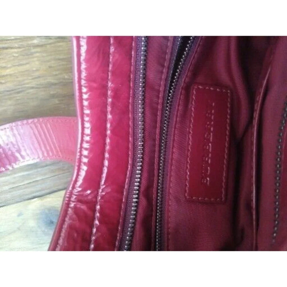 BURBERRY red burgundy pleated buckle zippatent leather hobo shoulder bag Holiday
